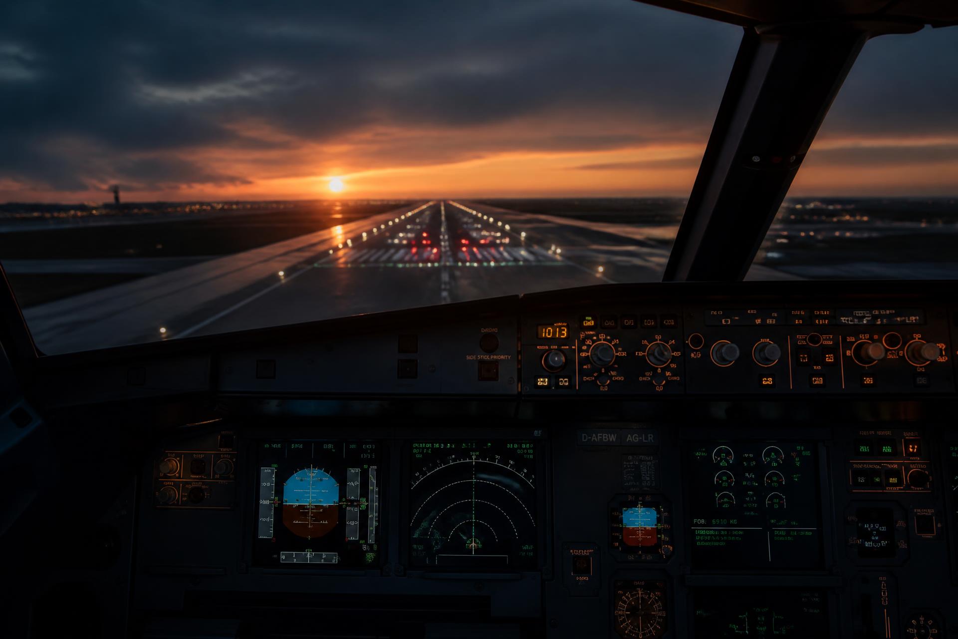 View from an Airbus A320 flight deck on approach to a runway at sunrise